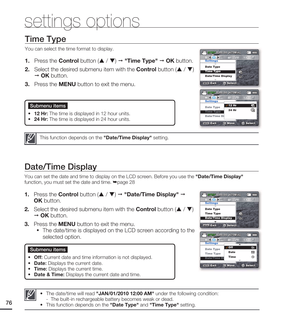 Time type, Date/time display, Settings options | Samsung SMX-C20RN-XAA User Manual | Page 90 / 125