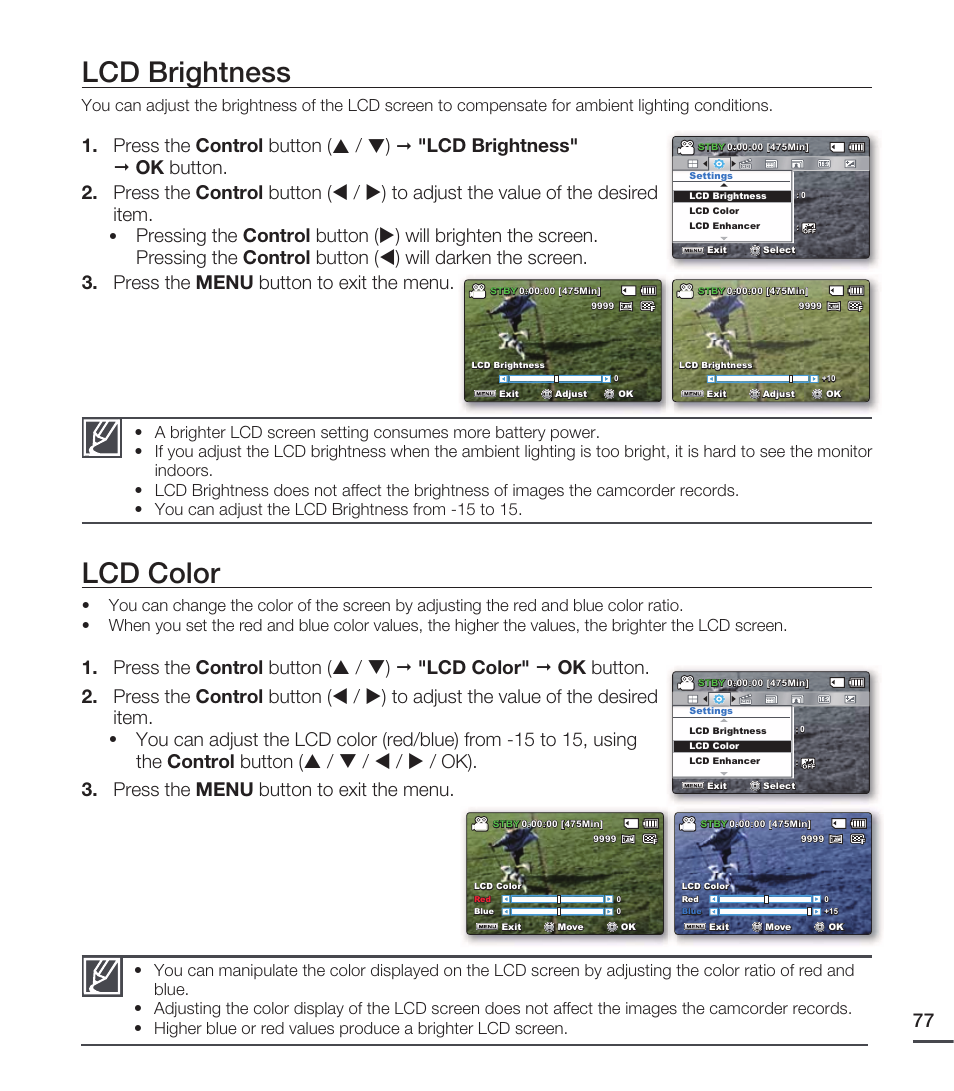 Lcd brightness, Lcd color | Samsung SMX-C20RN-XAA User Manual | Page 91 / 125