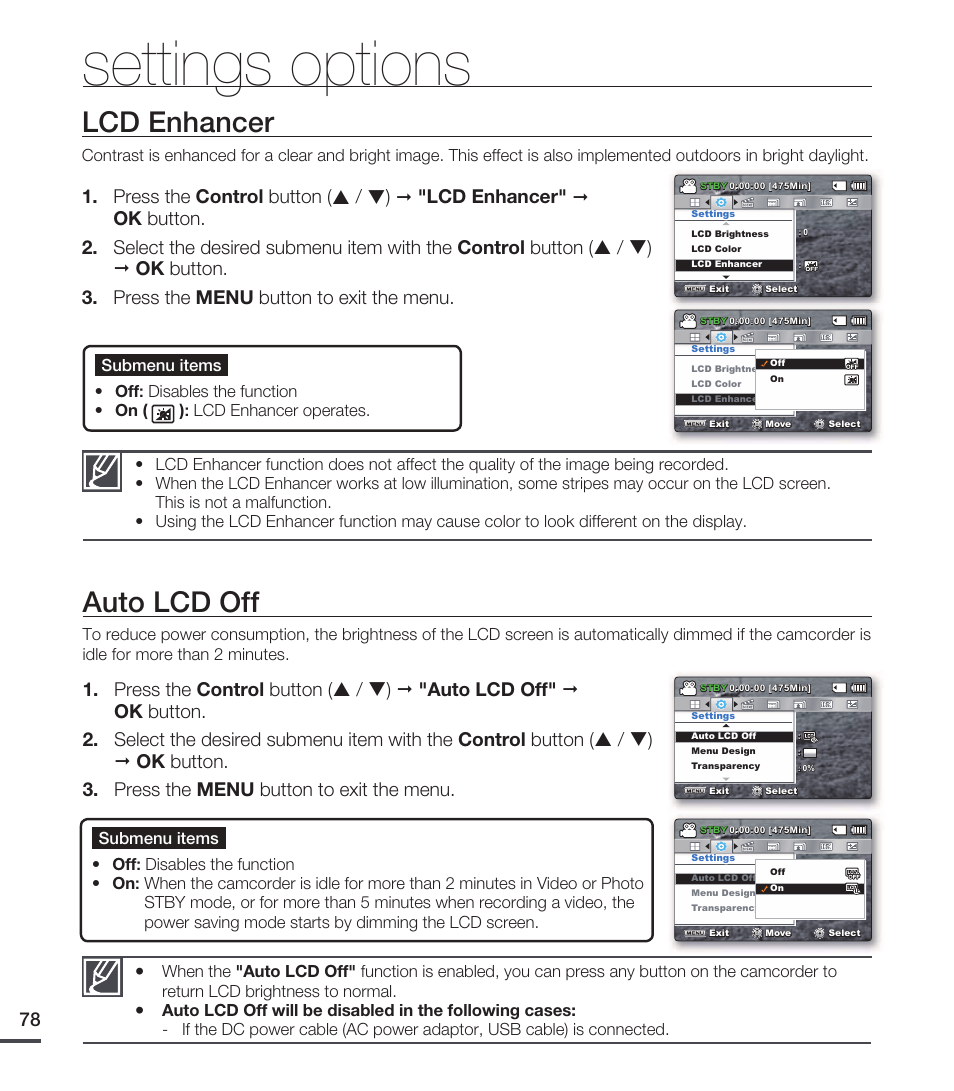 Lcd enhancer, Auto lcd off, Settings options | Samsung SMX-C20RN-XAA User Manual | Page 92 / 125