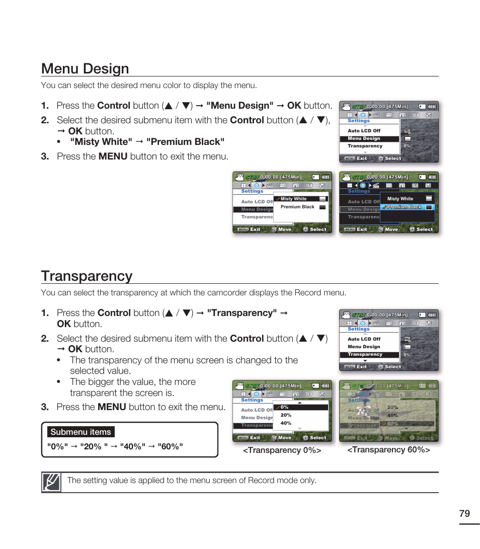 Menu design, Transparency | Samsung SMX-C20RN-XAA User Manual | Page 93 / 125