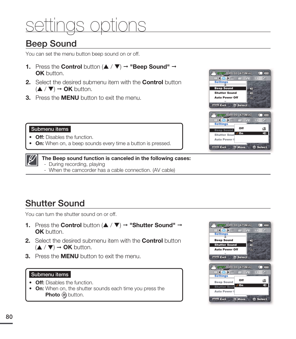 Beep sound, Shutter sound, Settings options | Shutt er sound | Samsung SMX-C20RN-XAA User Manual | Page 94 / 125