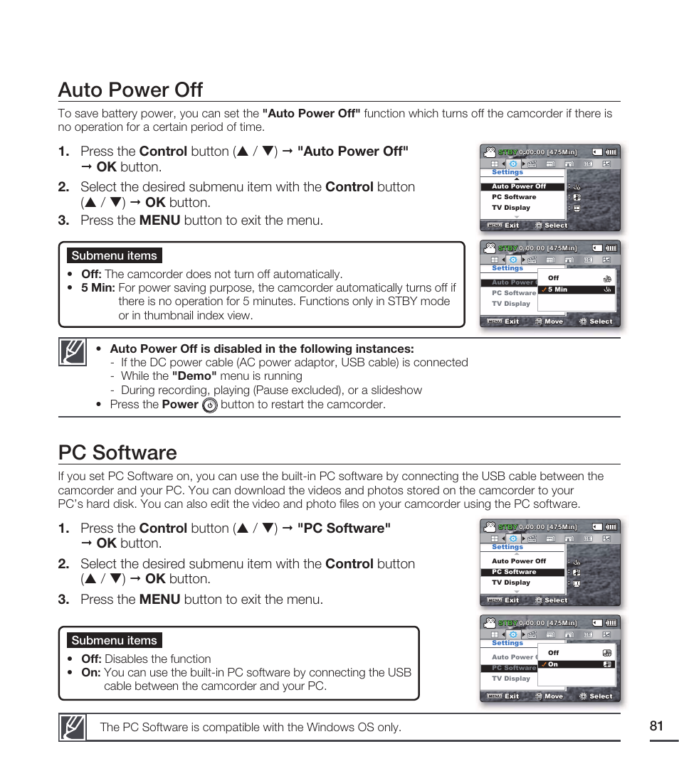 Auto power off, Pc software | Samsung SMX-C20RN-XAA User Manual | Page 95 / 125