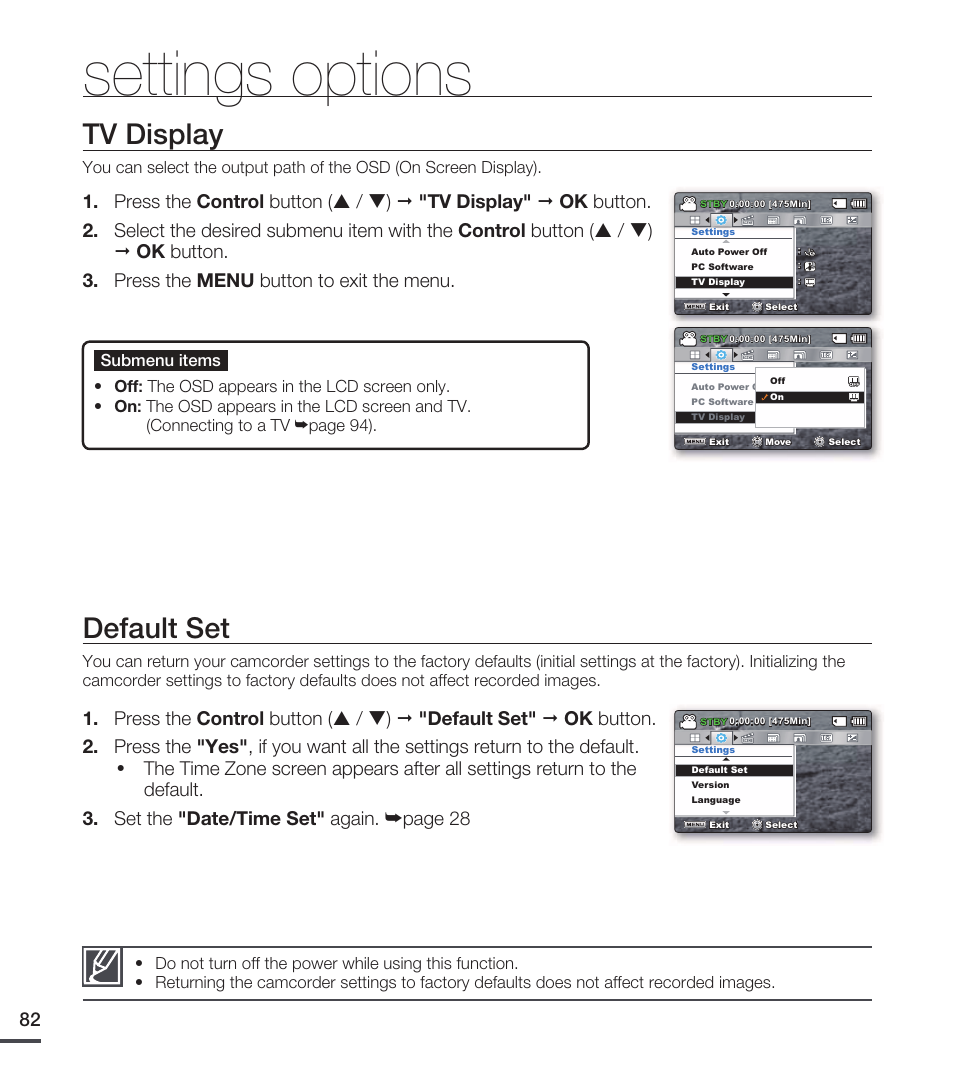 Tv display, Default set, Settings options | Samsung SMX-C20RN-XAA User Manual | Page 96 / 125