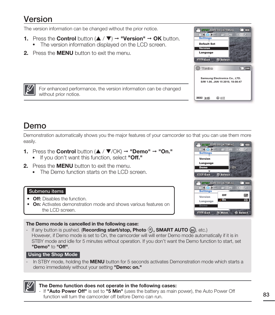 Version, Demo | Samsung SMX-C20RN-XAA User Manual | Page 97 / 125