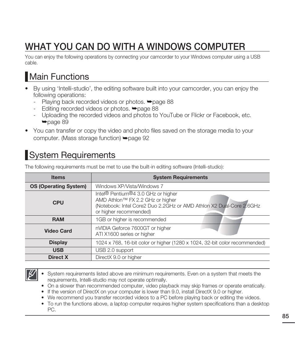 What you can do with a windows computer, Main functions system requirements | Samsung SMX-C20RN-XAA User Manual | Page 99 / 125