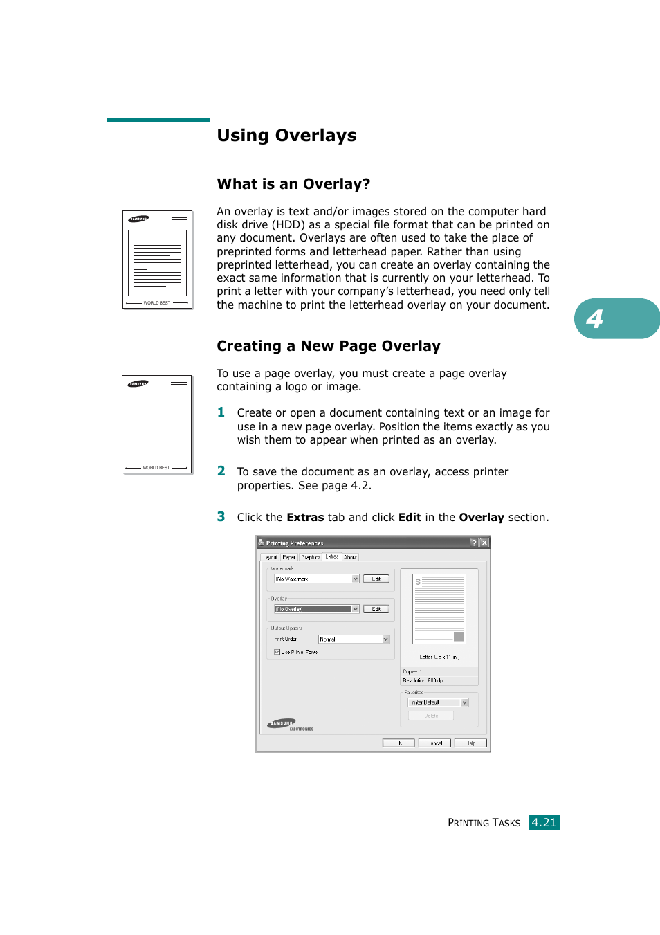 Using overlays, What is an overlay, Creating a new page overlay | Samsung SCX-4720F-XIP User Manual | Page 106 / 322