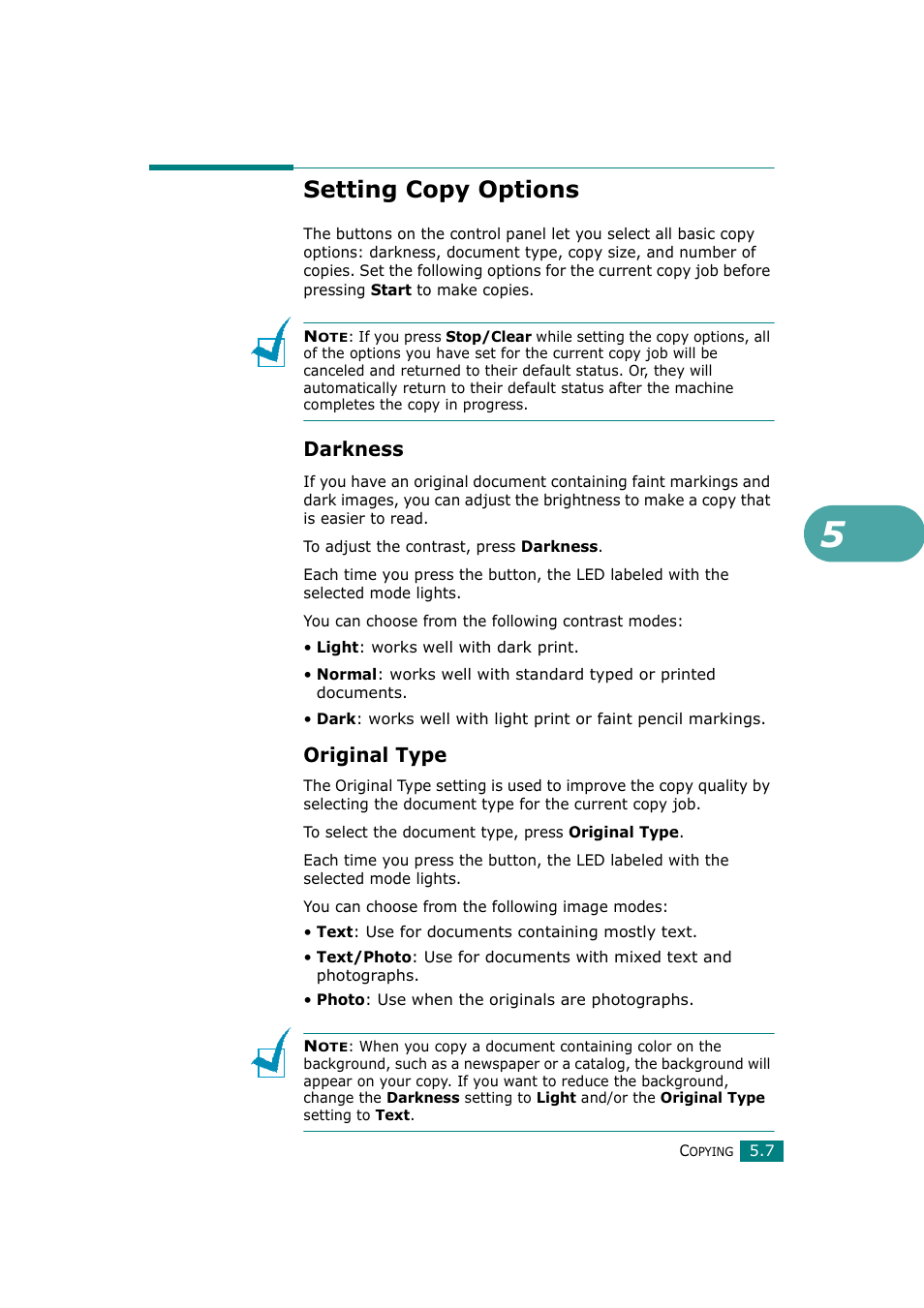 Setting copy options, Darkness, Original type | Samsung SCX-4720F-XIP User Manual | Page 118 / 322