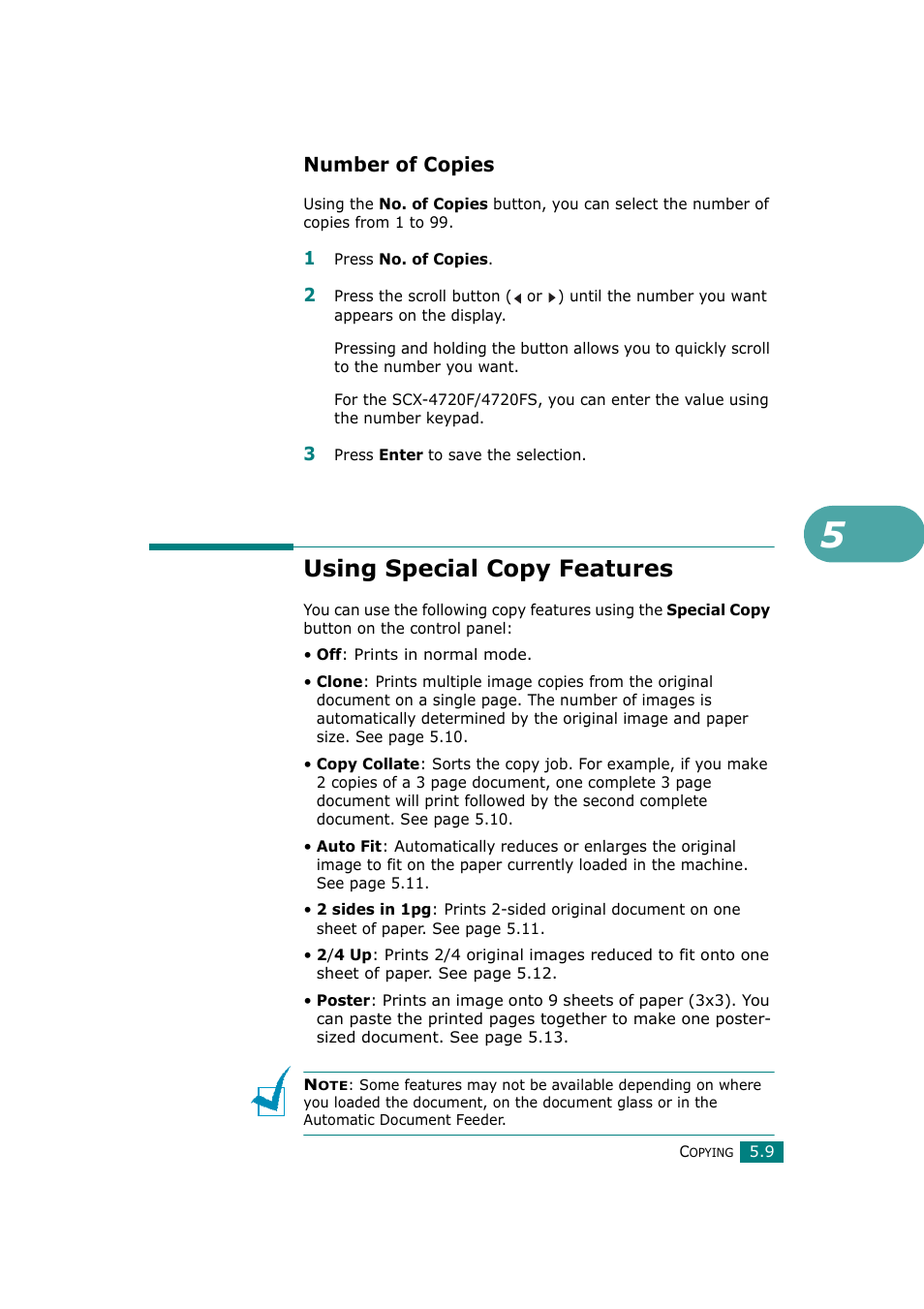 Number of copies, Using special copy features | Samsung SCX-4720F-XIP User Manual | Page 120 / 322
