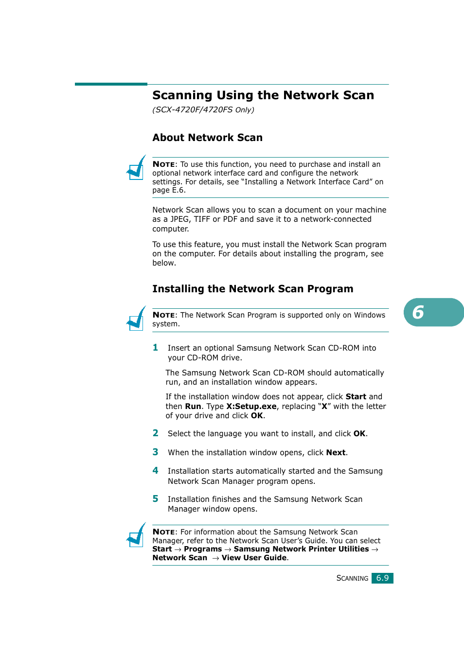 About network scan, Installing the network scan program, Scanning using the network scan | Scx-4720f/4720fs only), Scanning using the network scan (scx-4720f, 4720fs only) | Samsung SCX-4720F-XIP User Manual | Page 136 / 322