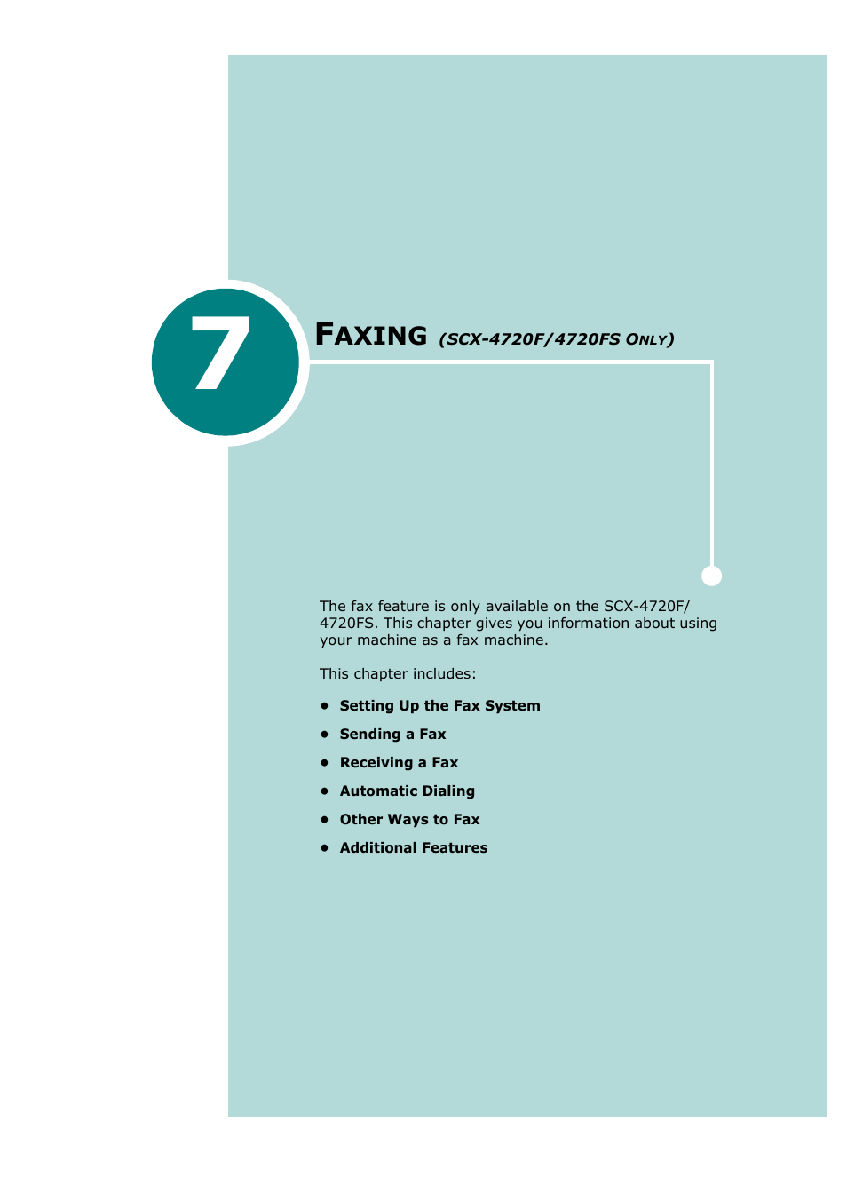 7 faxing (scx-4720f/4720fs only), Chapter 7, Axing | Scx-4720f/4720fs o | Samsung SCX-4720F-XIP User Manual | Page 140 / 322