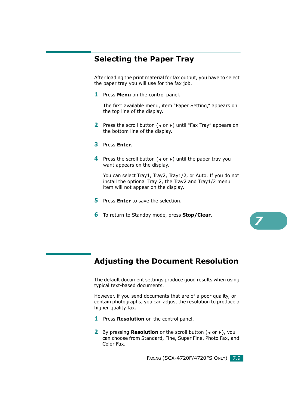 Selecting the paper tray, Adjusting the document resolution | Samsung SCX-4720F-XIP User Manual | Page 148 / 322