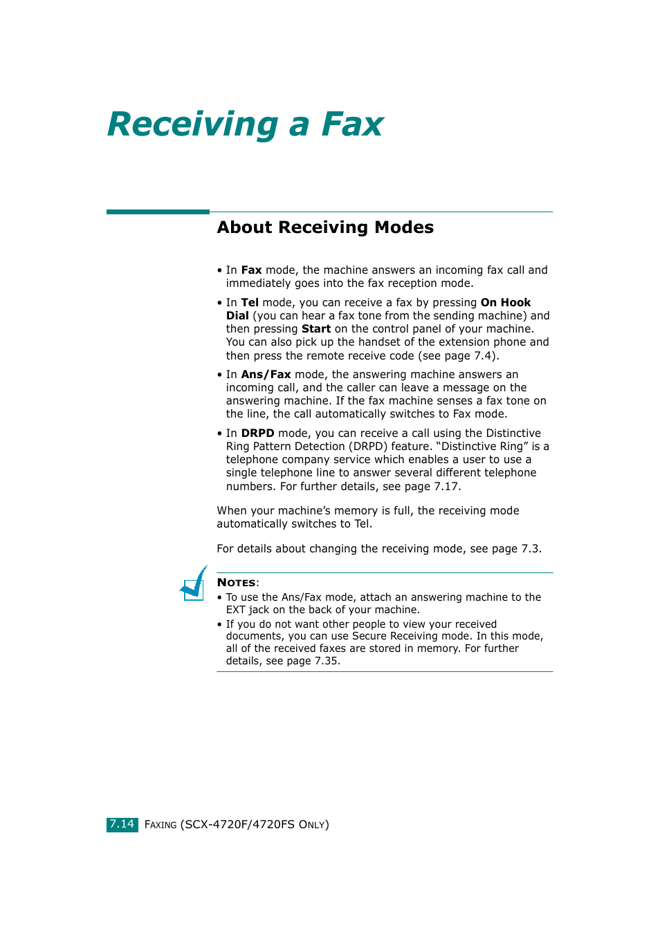 About receiving modes, Receiving a fax | Samsung SCX-4720F-XIP User Manual | Page 153 / 322