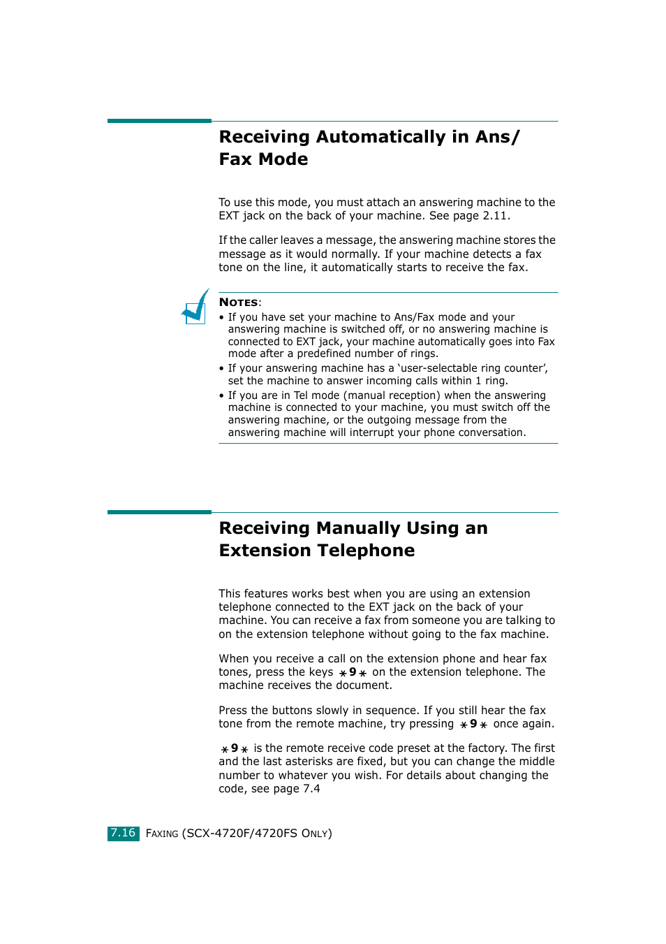 Receiving automatically in ans/ fax mode, Receiving manually using an extension telephone | Samsung SCX-4720F-XIP User Manual | Page 155 / 322