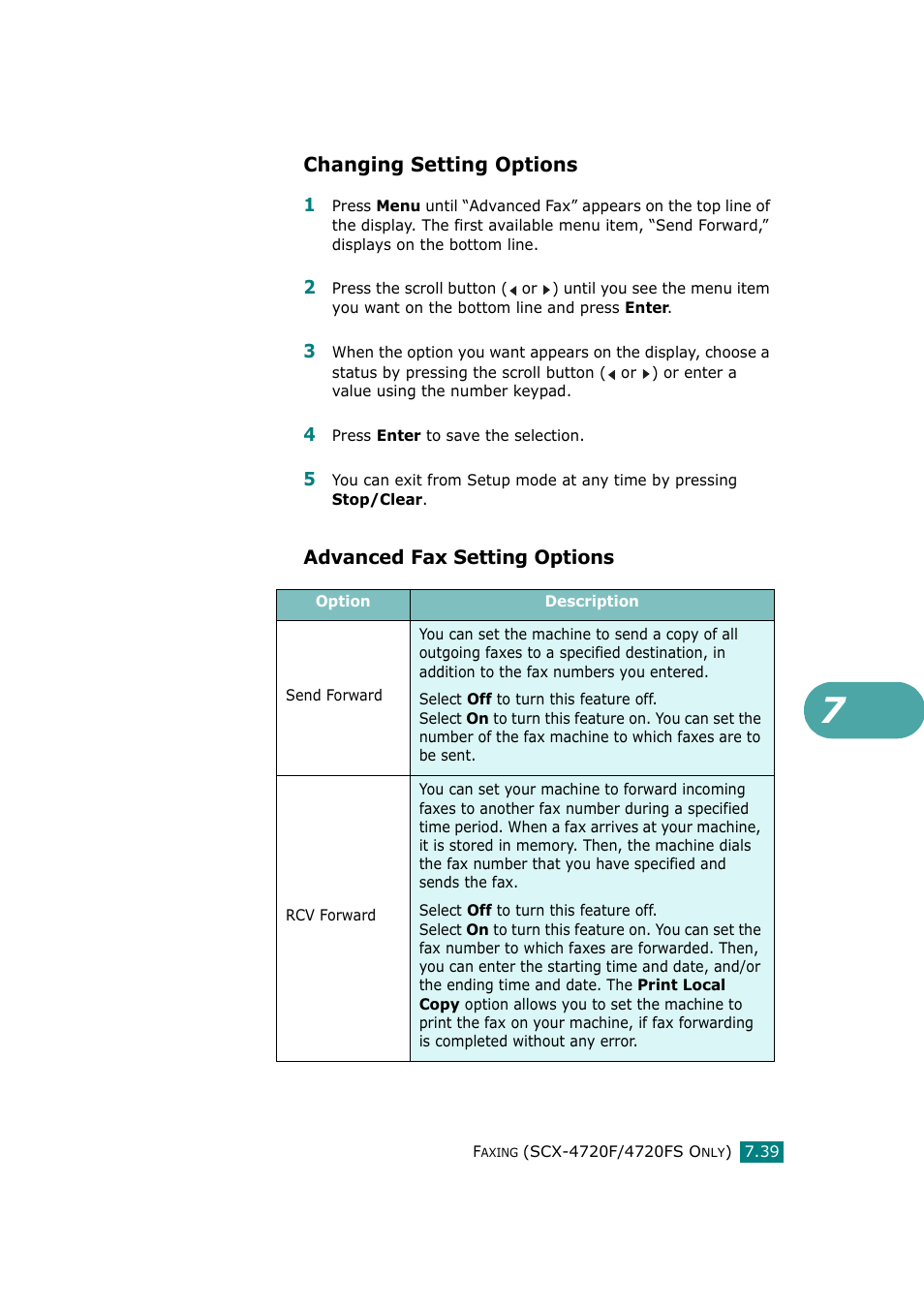 Changing setting options, Advanced fax setting options | Samsung SCX-4720F-XIP User Manual | Page 178 / 322