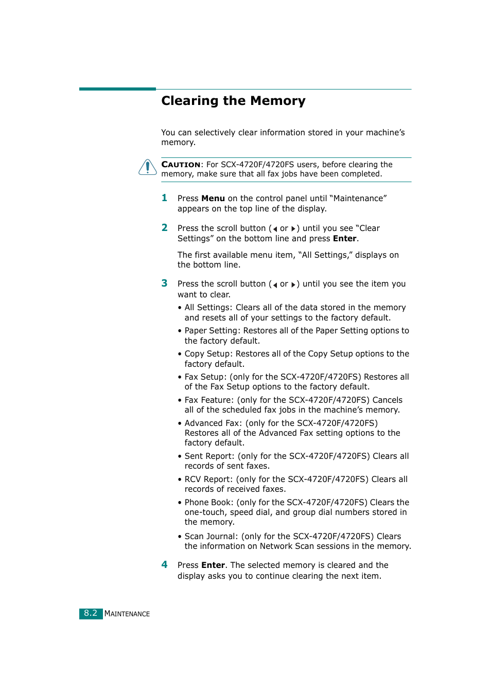 Clearing the memory | Samsung SCX-4720F-XIP User Manual | Page 181 / 322