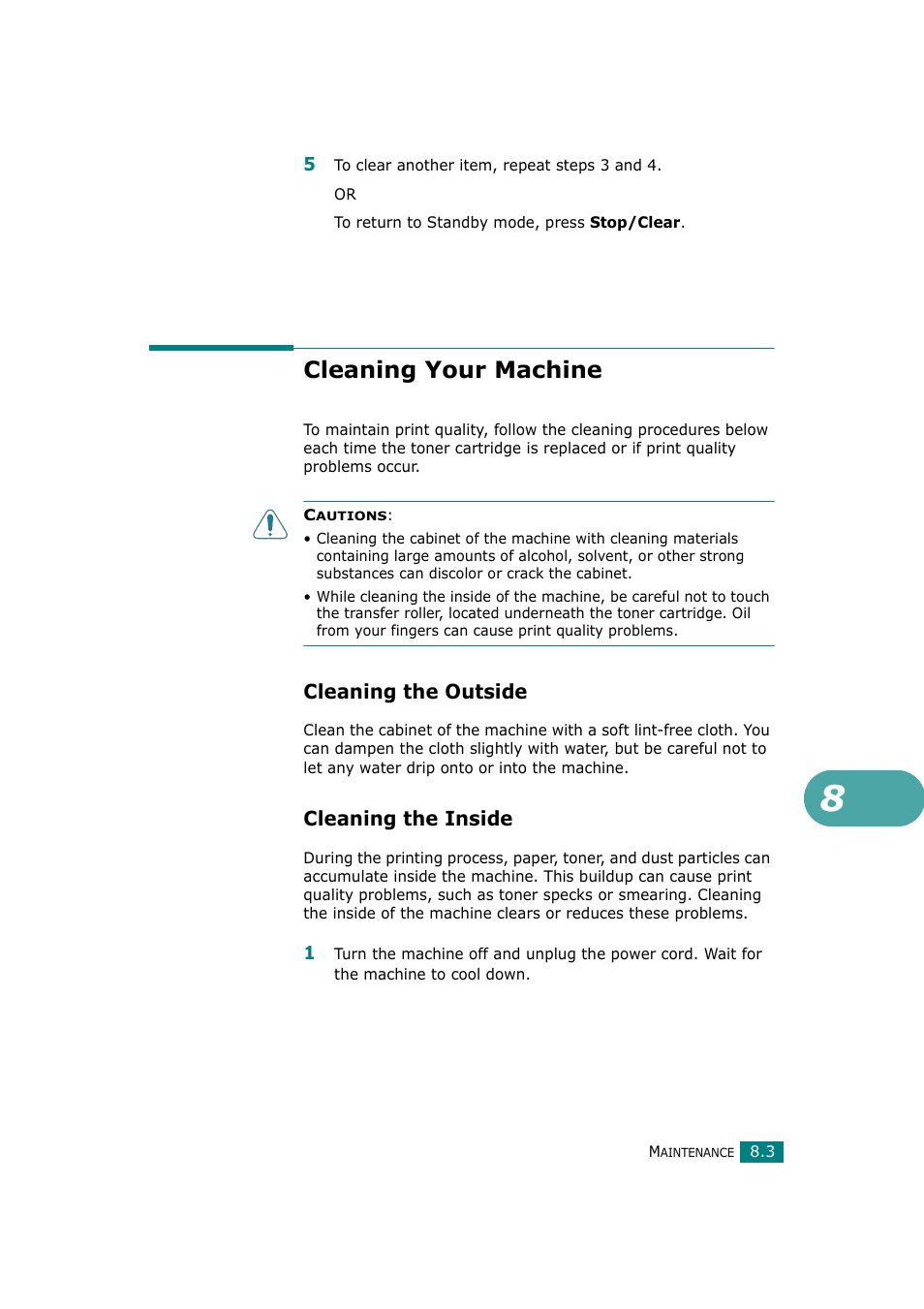 Cleaning your machine, Cleaning the outside, Cleaning the inside | Samsung SCX-4720F-XIP User Manual | Page 182 / 322
