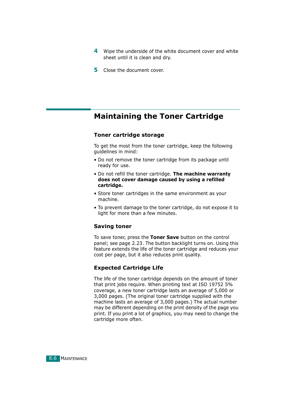 Maintaining the toner cartridge | Samsung SCX-4720F-XIP User Manual | Page 185 / 322