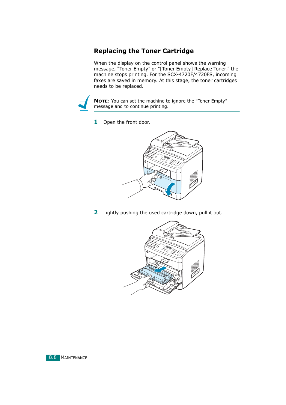 Replacing the toner cartridge | Samsung SCX-4720F-XIP User Manual | Page 187 / 322