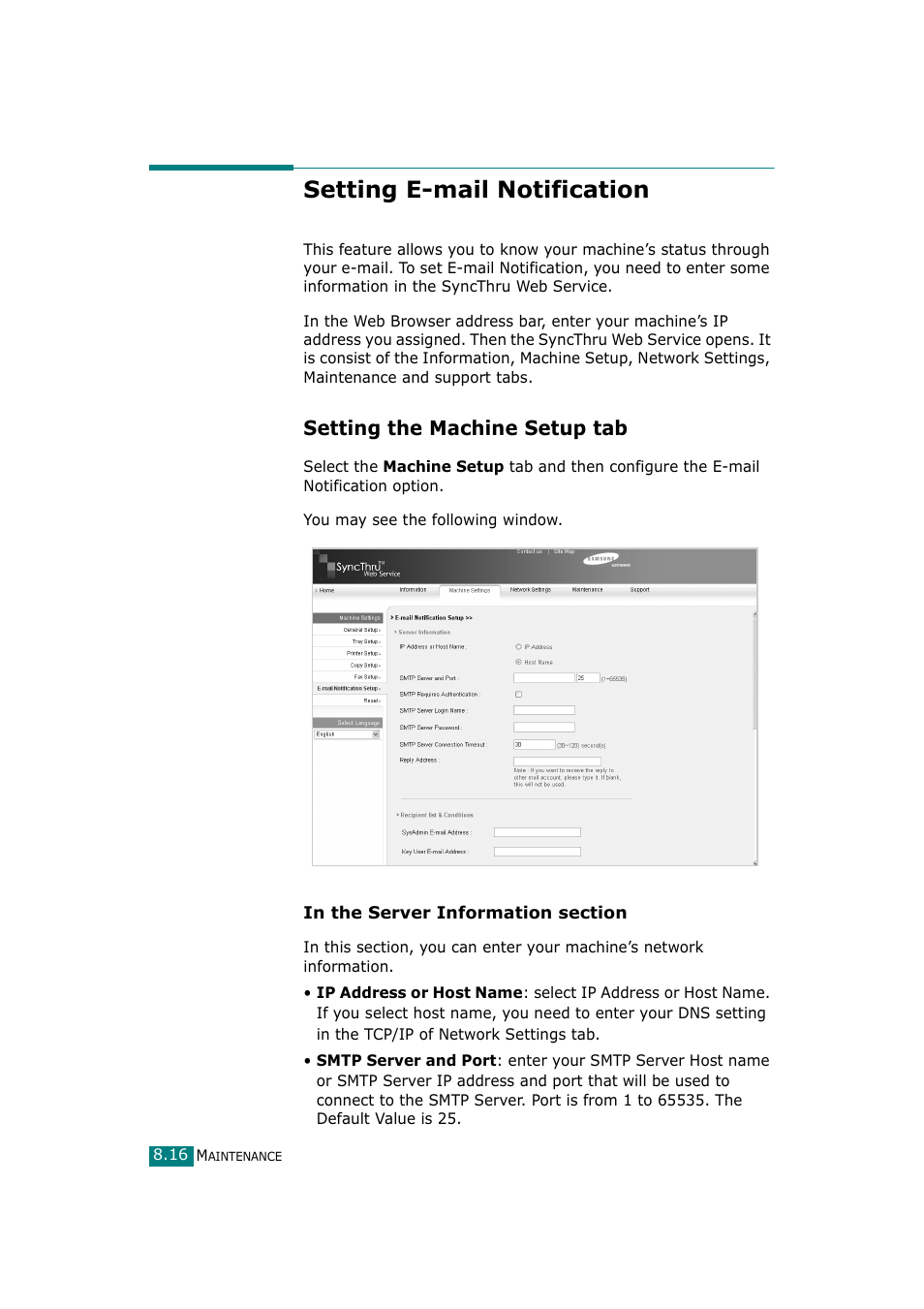 Setting e-mail notification, Setting the machine setup tab | Samsung SCX-4720F-XIP User Manual | Page 195 / 322