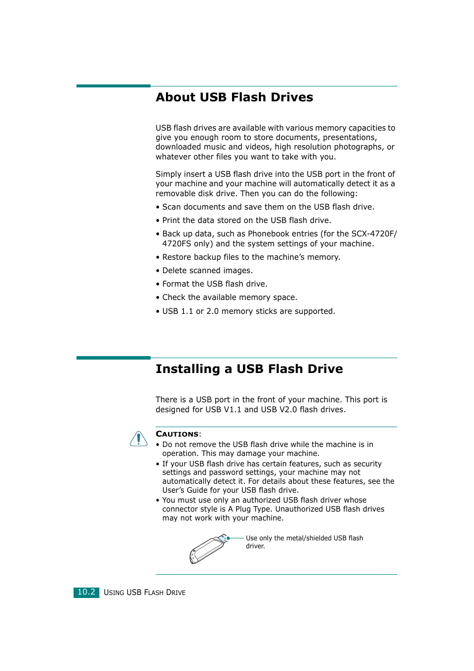 About usb flash drives, Installing a usb flash drive | Samsung SCX-4720F-XIP User Manual | Page 233 / 322