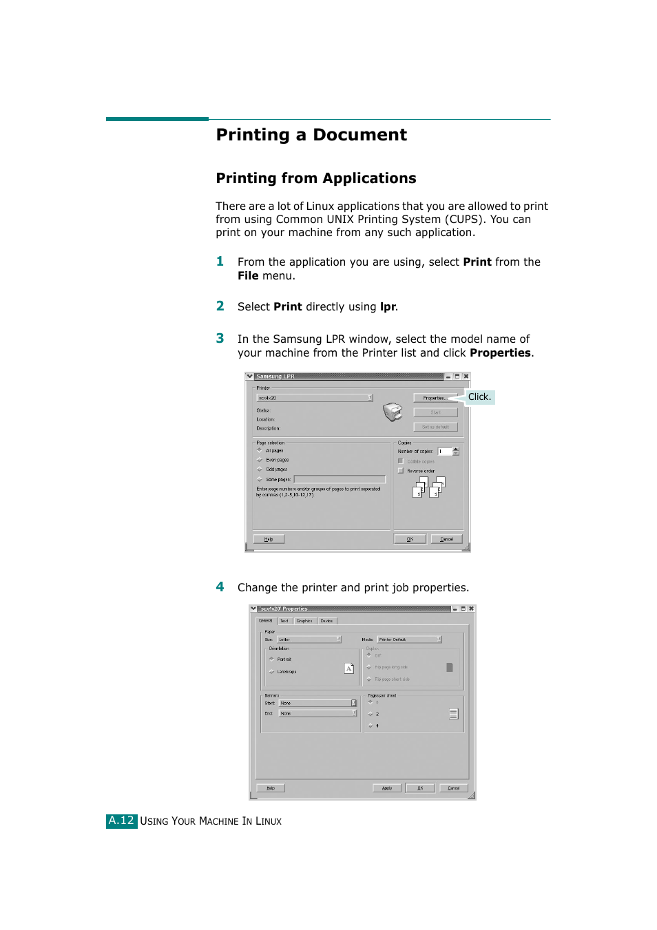 Printing a document, Printing from applications | Samsung SCX-4720F-XIP User Manual | Page 255 / 322
