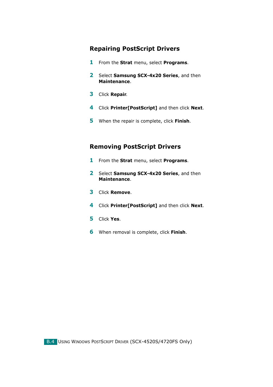 Repairing postscript drivers, Removing postscript drivers | Samsung SCX-4720F-XIP User Manual | Page 265 / 322
