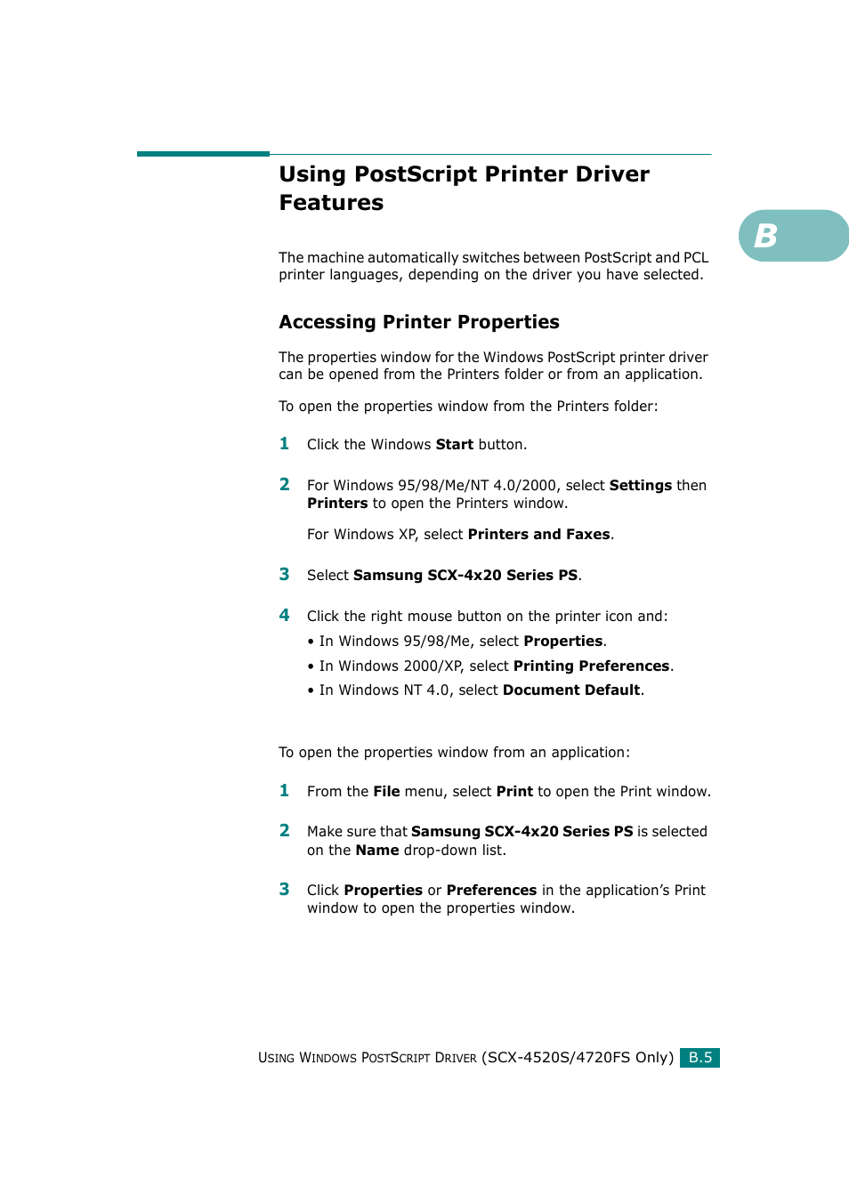 Using postscript printer driver features, Accessing printer properties | Samsung SCX-4720F-XIP User Manual | Page 266 / 322