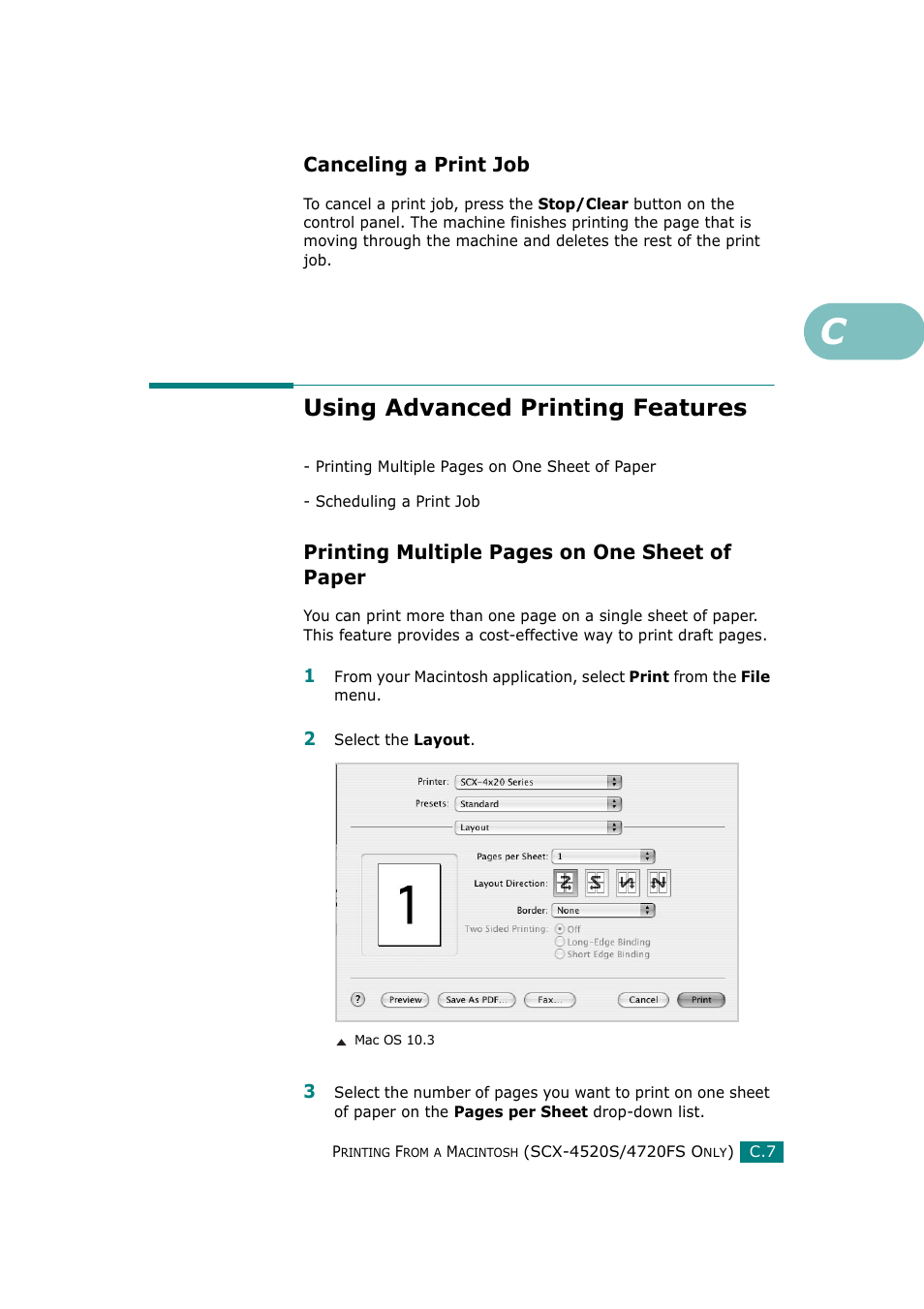 Canceling a print job, Using advanced printing features, Printing multiple pages on one sheet of paper | Samsung SCX-4720F-XIP User Manual | Page 276 / 322