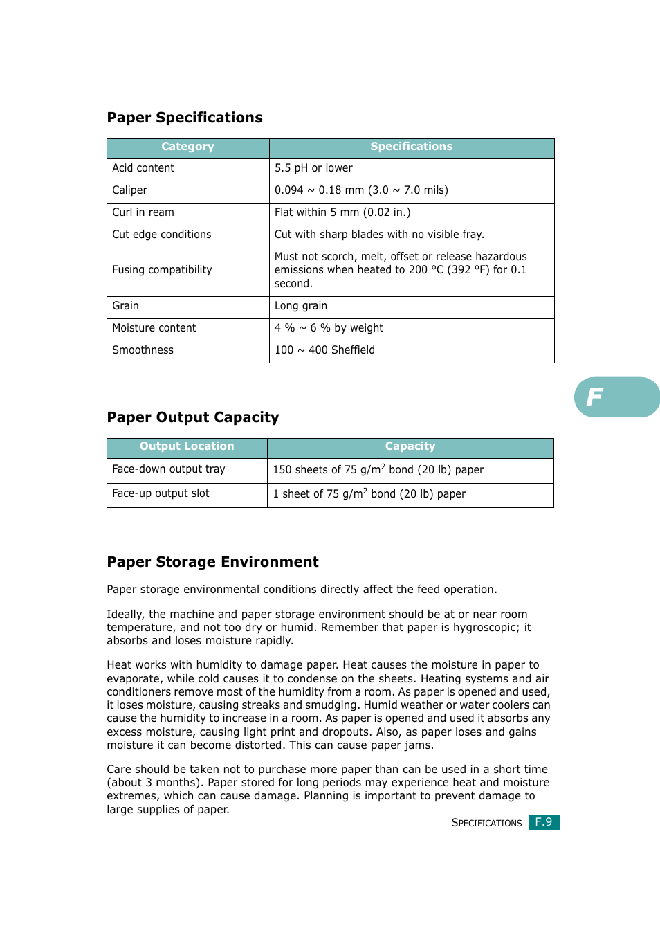 Paper specifications, Paper output capacity, Paper storage environment | Samsung SCX-4720F-XIP User Manual | Page 314 / 322