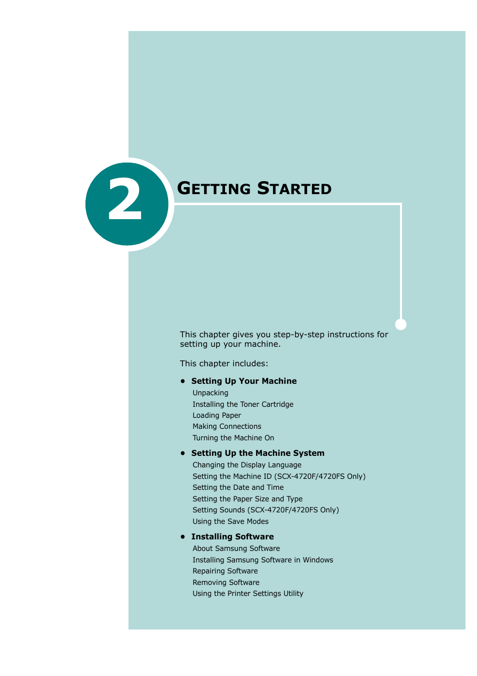 2 getting started, Chapter 2, Etting | Tarted | Samsung SCX-4720F-XIP User Manual | Page 34 / 322