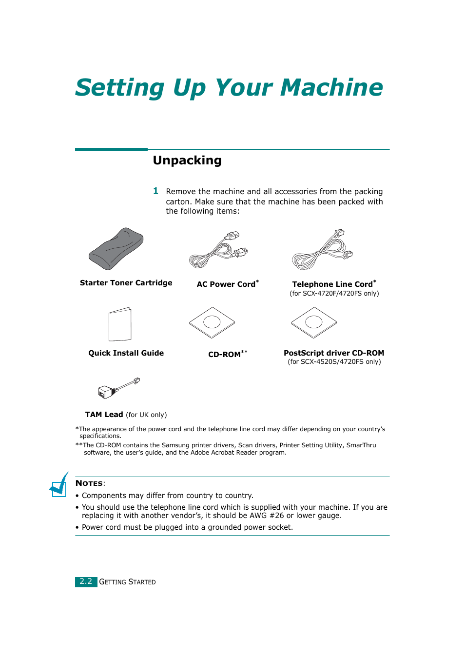 Unpacking, Setting up your machine | Samsung SCX-4720F-XIP User Manual | Page 35 / 322