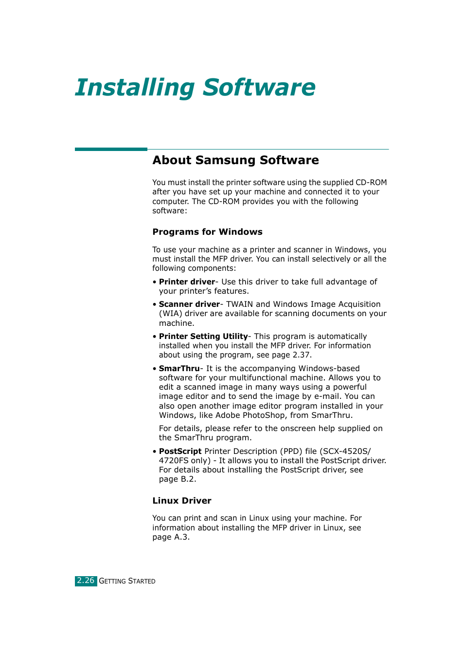 About samsung software, Installing software | Samsung SCX-4720F-XIP User Manual | Page 59 / 322