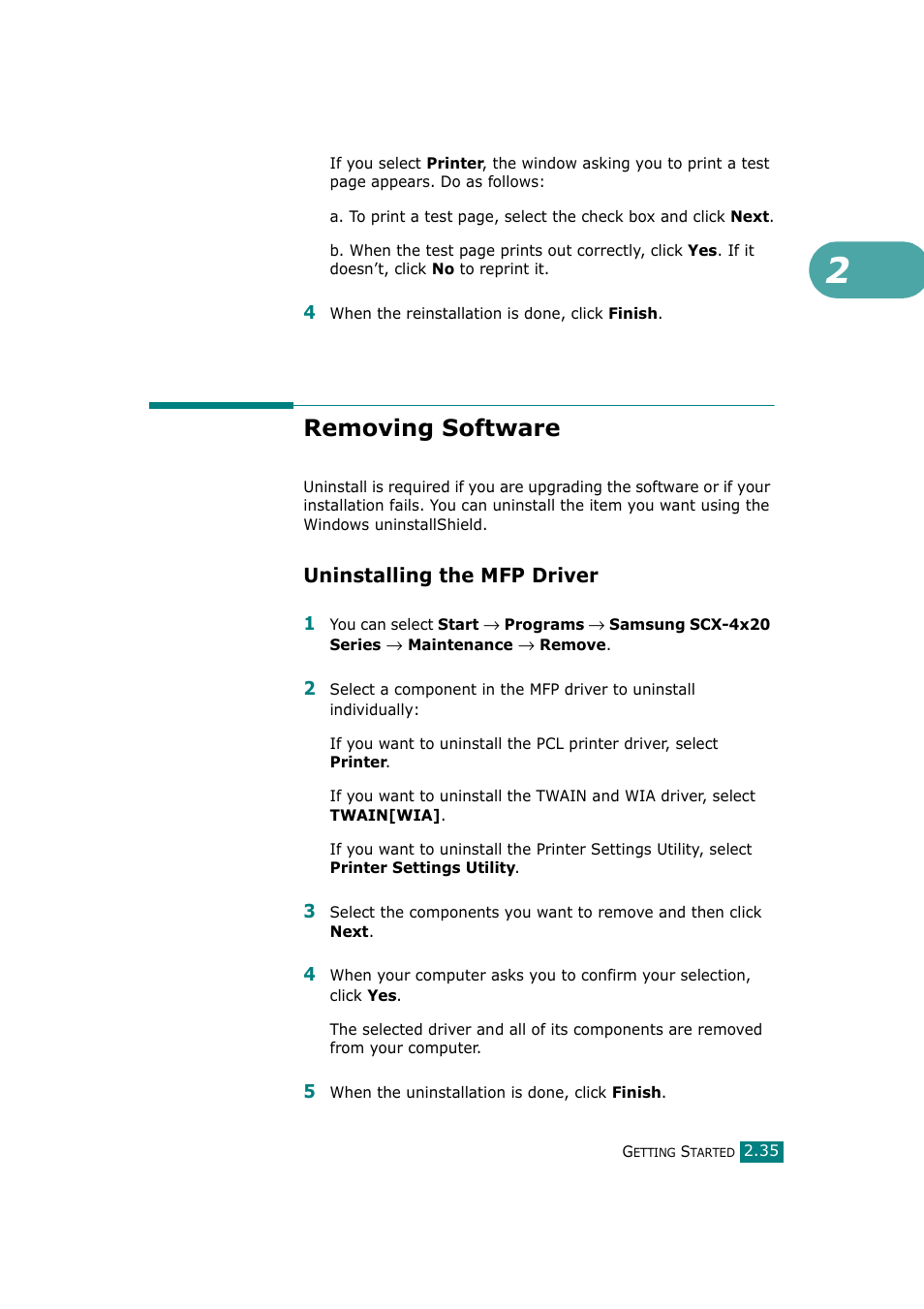 Removing software, Uninstalling the mfp driver | Samsung SCX-4720F-XIP User Manual | Page 68 / 322