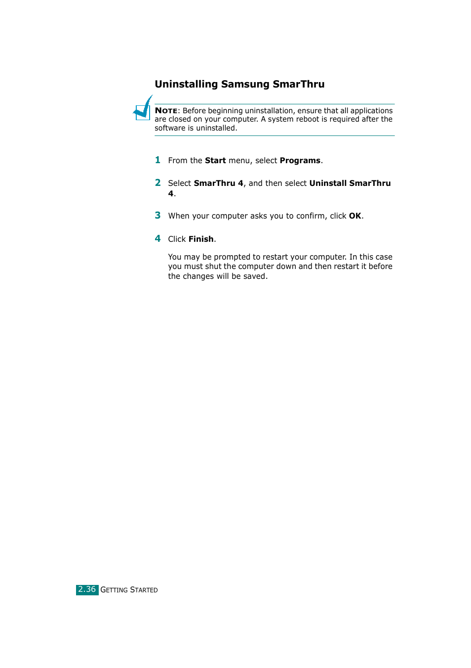 Uninstalling samsung smarthru | Samsung SCX-4720F-XIP User Manual | Page 69 / 322