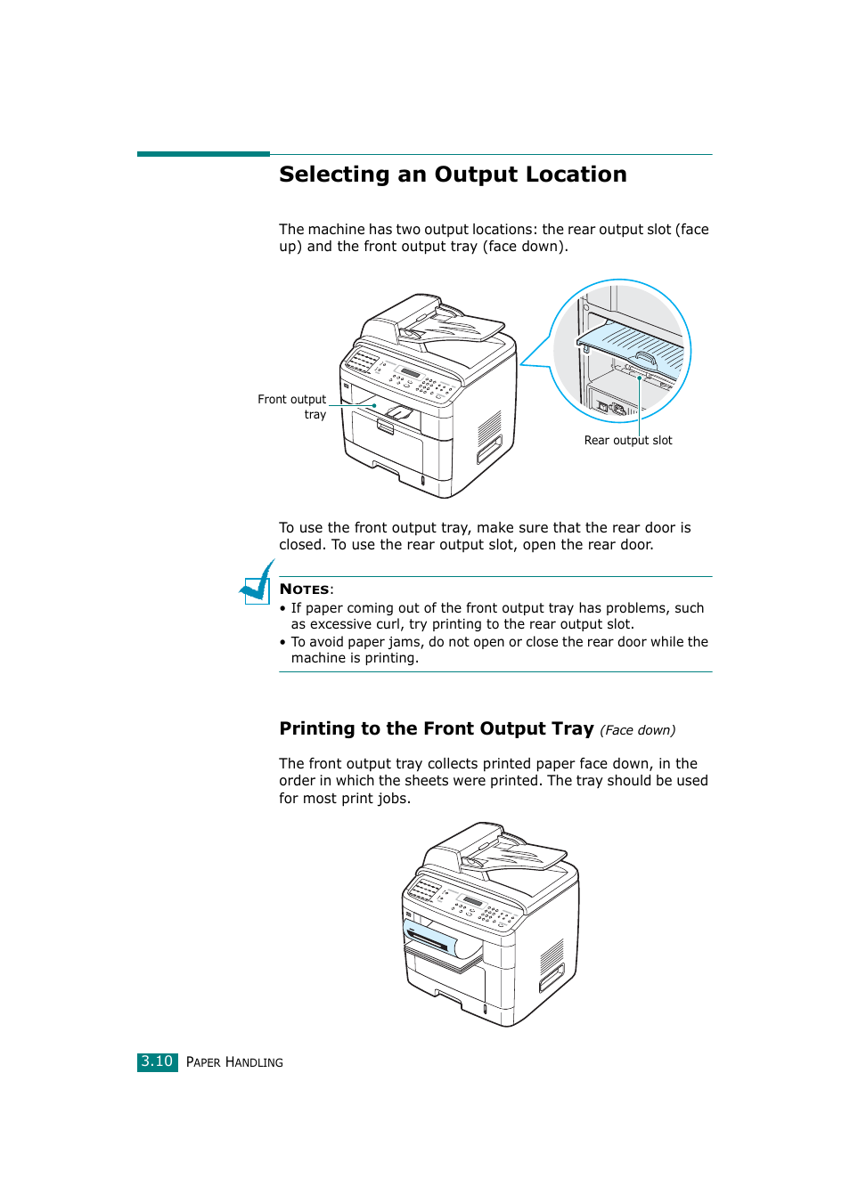 Selecting an output location, Printing to the front output tray (face down), Printing to the front output tray | Samsung SCX-4720F-XIP User Manual | Page 83 / 322