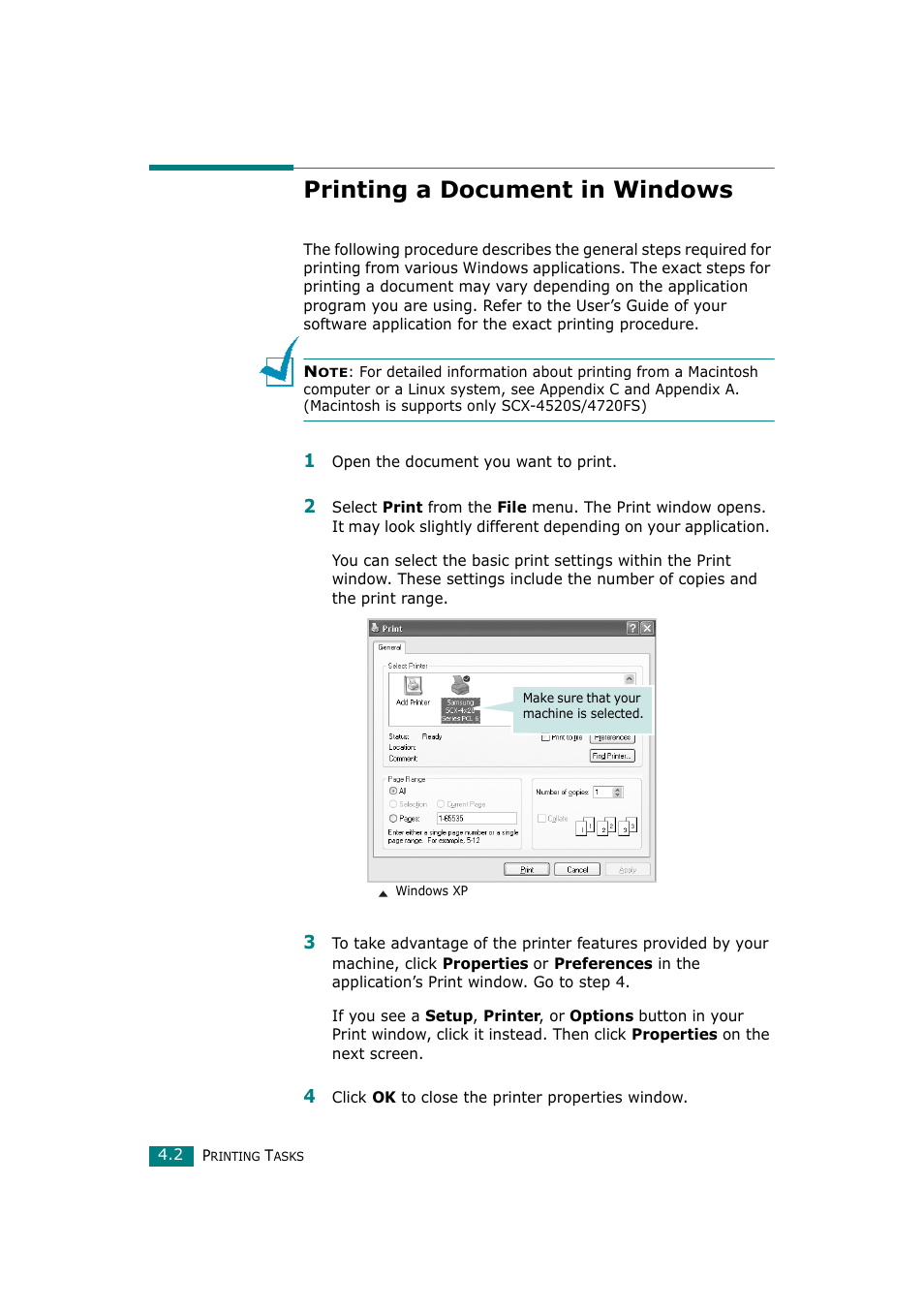 Printing a document in windows | Samsung SCX-4720F-XIP User Manual | Page 87 / 322