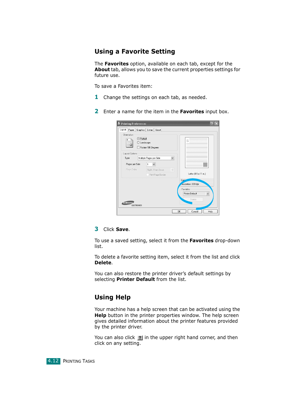 Using a favorite setting, Using help | Samsung SCX-4720F-XIP User Manual | Page 97 / 322