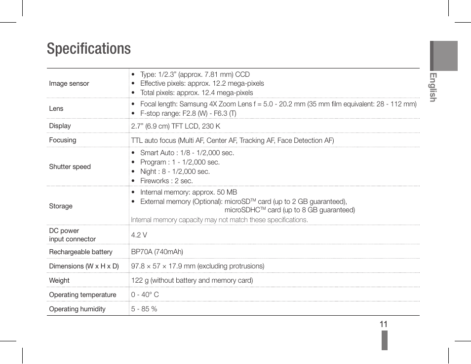 Specifications, English | Samsung EC-PL90ZZBPRUS User Manual | Page 11 / 32