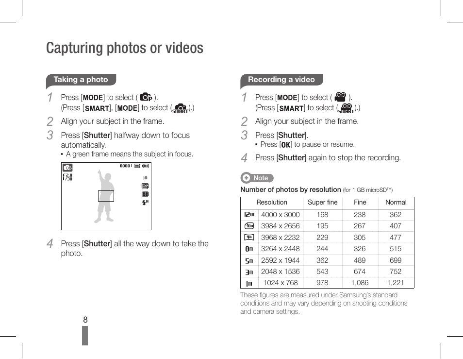 Capturing photos or videos | Samsung EC-PL90ZZBPRUS User Manual | Page 8 / 32