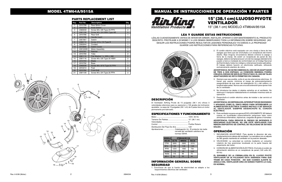 Manual de instrucciones de operación y partes, Información general sobre seguridad, Descripción | Operación, Especificationes y funcionamiento | Air King 4TM64A/9515A User Manual | Page 2 / 2