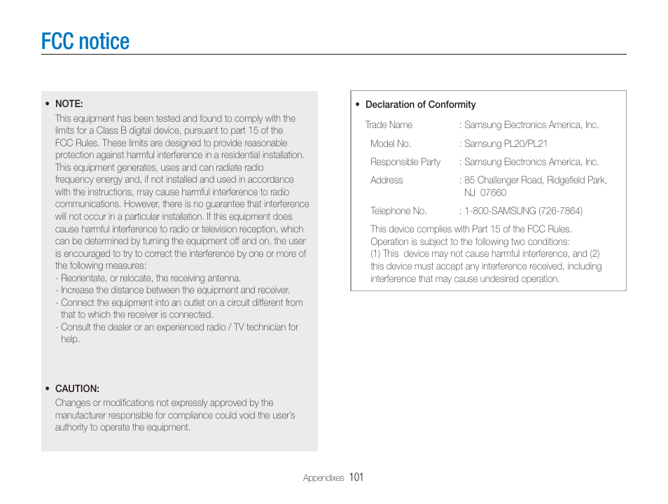 Fcc notice | Samsung EC-PL20ZZBPSUS User Manual | Page 102 / 106