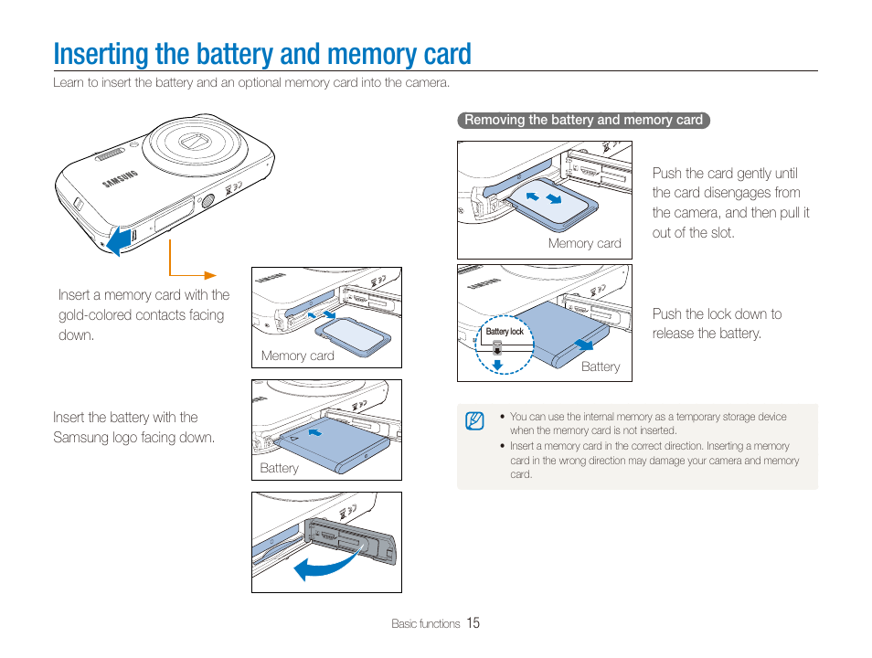 Inserting the battery and memory card | Samsung EC-PL20ZZBPSUS User Manual | Page 16 / 106