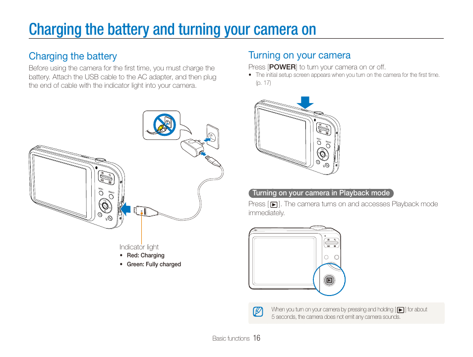 Charging the battery and turning your camera on, Charging the battery, Turning on your camera | Samsung EC-PL20ZZBPSUS User Manual | Page 17 / 106