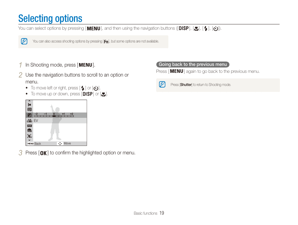 Selecting options | Samsung EC-PL20ZZBPSUS User Manual | Page 20 / 106