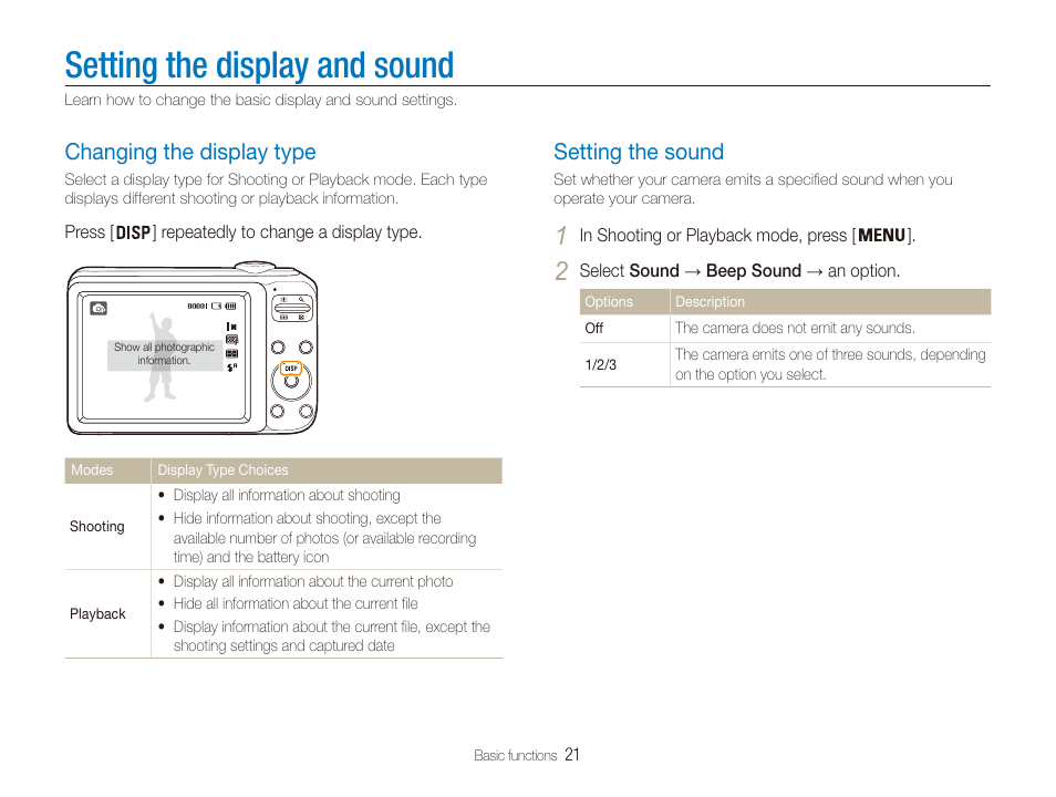 Setting the display and sound, Changing the display type, Setting the sound | Samsung EC-PL20ZZBPSUS User Manual | Page 22 / 106