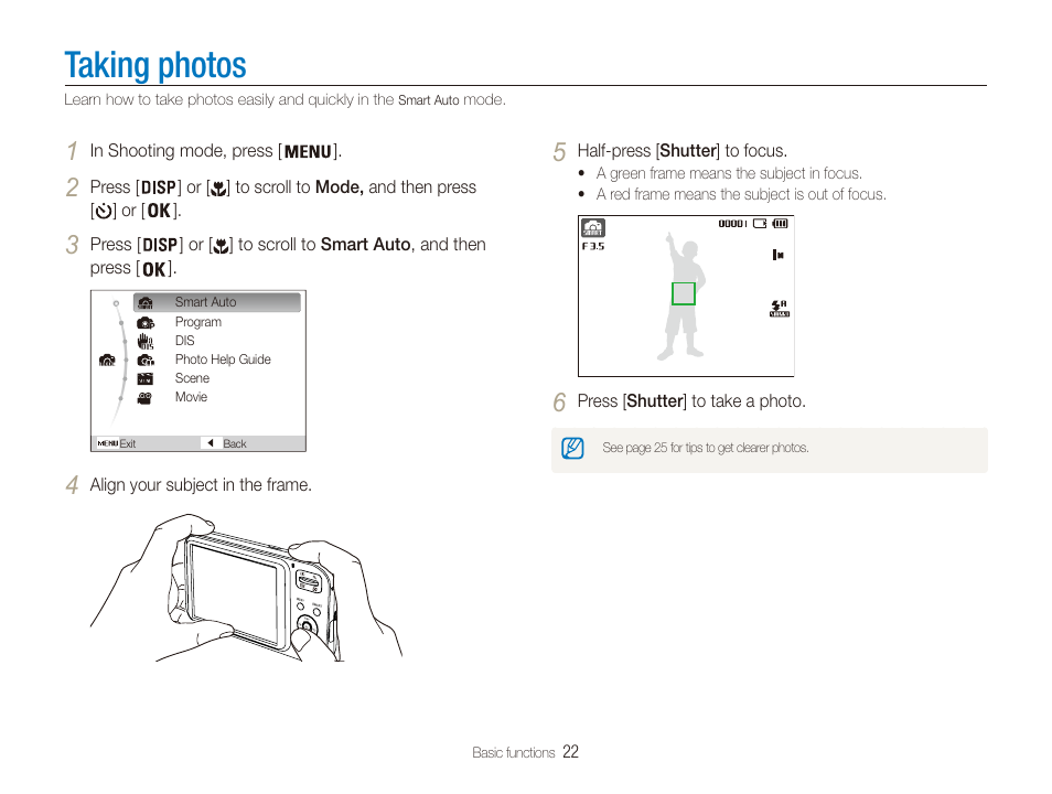 Taking photos | Samsung EC-PL20ZZBPSUS User Manual | Page 23 / 106