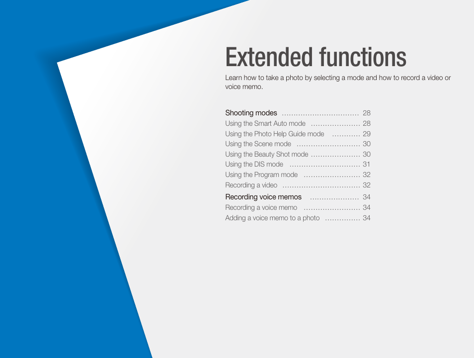 Extended functions | Samsung EC-PL20ZZBPSUS User Manual | Page 28 / 106