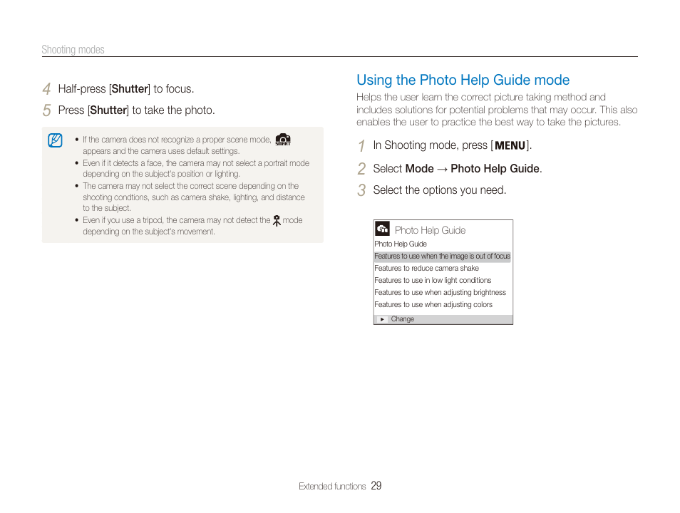 Using the photo help guide mode, Using the photo help guide mode ………… 29 | Samsung EC-PL20ZZBPSUS User Manual | Page 30 / 106