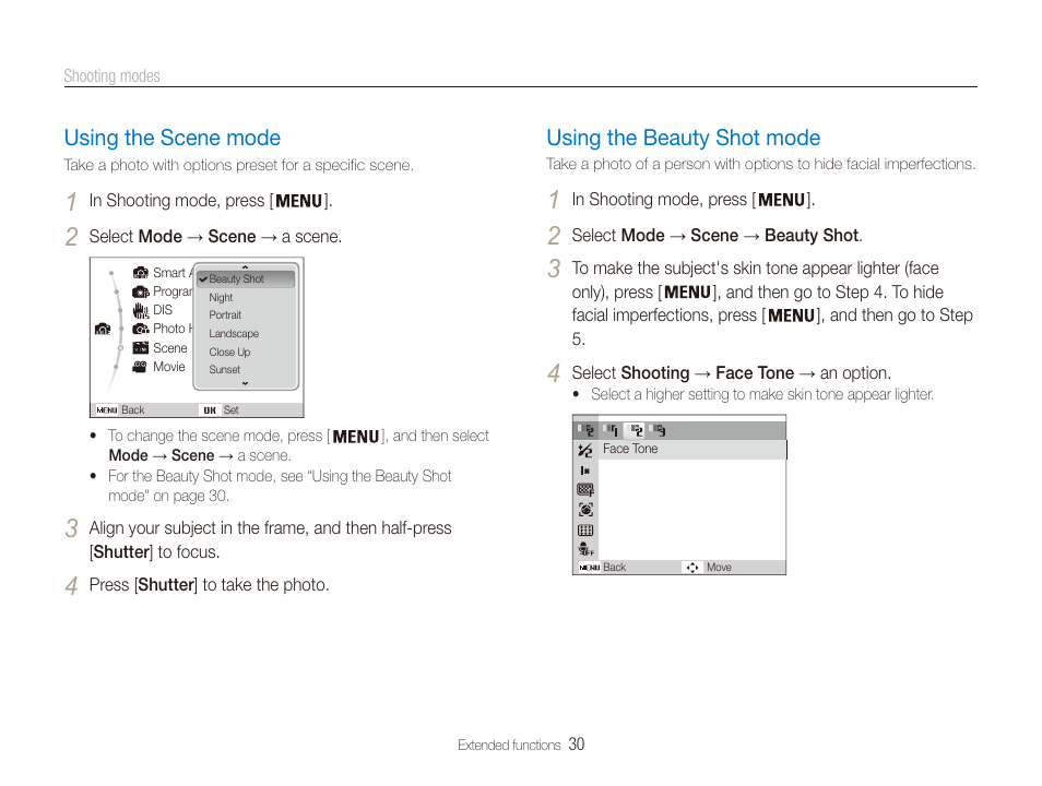 Using the scene mode, Using the beauty shot mode, Mode. (p. 30) | Samsung EC-PL20ZZBPSUS User Manual | Page 31 / 106