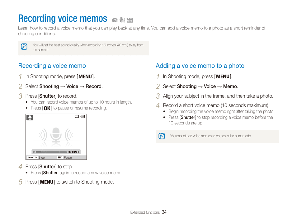 Recording voice memos, Recording a voice memo, Adding a voice memo to a photo | Samsung EC-PL20ZZBPSUS User Manual | Page 35 / 106